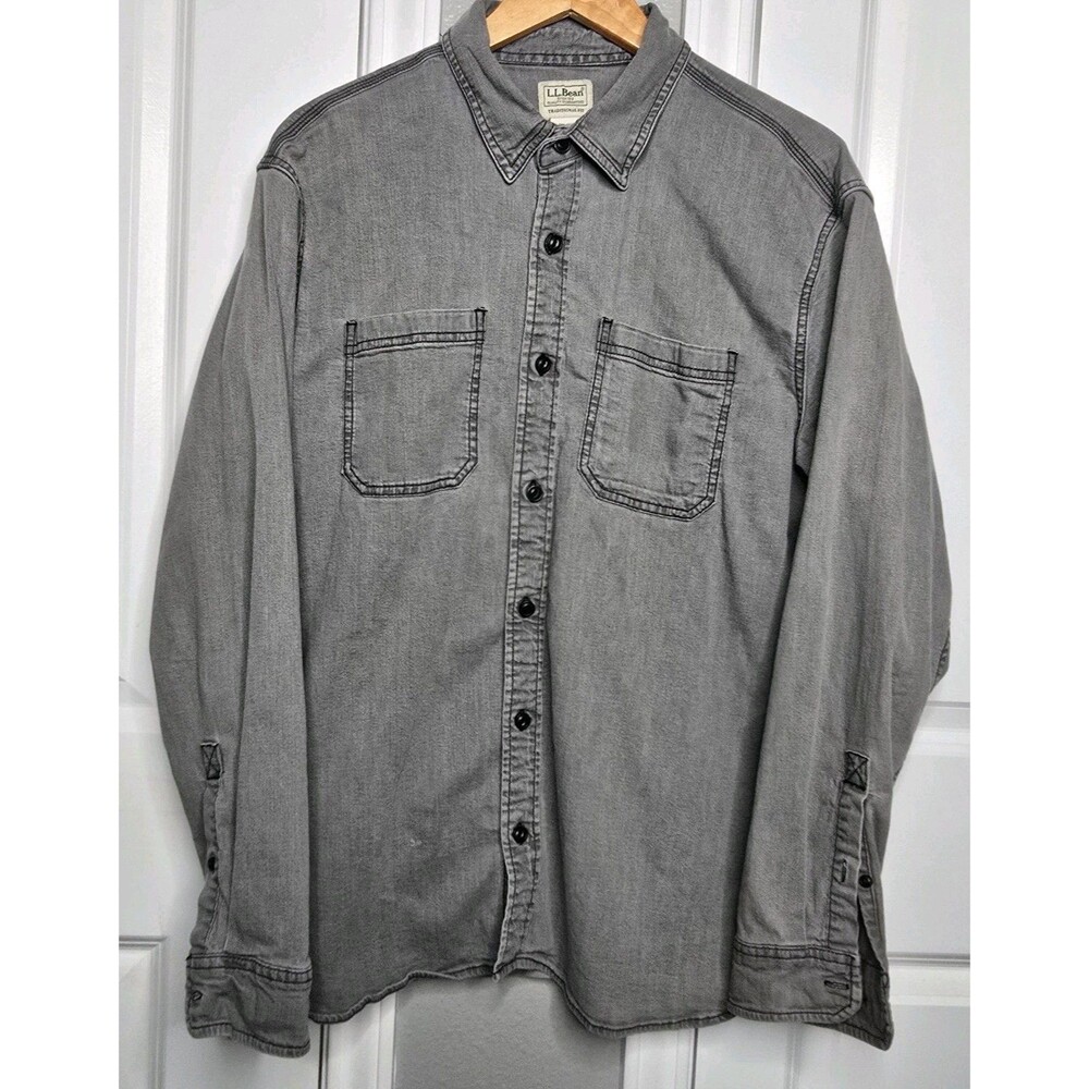 LL Bean Beanflex Denim Shirt Mens L Reg Traditional Fit Gray - Picture 2 of 4